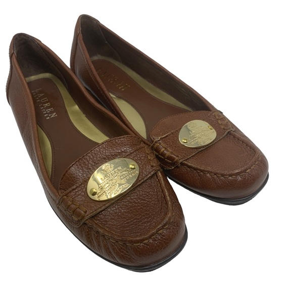 Ralph Lauren Brown Leather Loafers • Gold Medallion Flats Size 6.5 - Picture 2 of 8